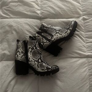 Women's Black and White Snake Print Ankle Boots